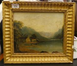 Early 19thC British School - a highland loch scene with two figures in a small boat  oil on board