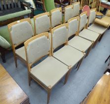 A set of ten modern designer light oak framed dining chairs chairs with square backs, part button