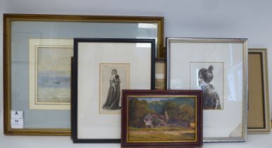 Six framed pictures: to include a head and shoulders portrait photograph, believed to be that of T.E