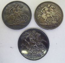 Three Victorian silver crowns, St George on the obverse  1887, 1890 and 1897