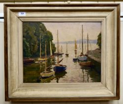 Leslie Kent - boats in an estuary  oil on board  bears a signature  14" x 17"  framed