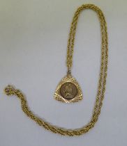 A 9ct gold triangular pendant, on a fine neckchain