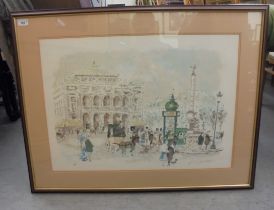 A European city centre street scene  artist's proof  bears an indistinct pencil signature  20" x 28"