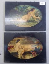 Two late Victorian pre-Raphaelite inspired nude studies, on black slate panels  8" x 11.5"
