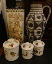 Decorative ceramics, viz. an Oriental influenced pottery cylindrical umbrella stand  19"h; an