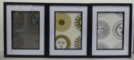 In the manner of Fornasetti - three sunburst design prints  each 11" x 7.5"  framed