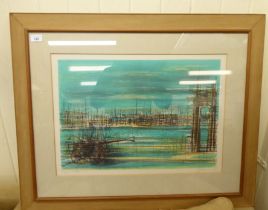 A harbour scene  print  bears a pencil signature & title  15" x 21"  framed