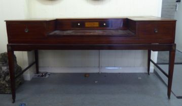 A 19thC ebony and string inlaid mahogany, inverted breakfront three drawer desk-on-stand  35"h  67"w