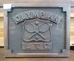 An early 20thC Olympian LTC tennis trophy plaque, carved in relief, in a frame  10.5" x 13"