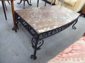 A modern coffee table, the bow front, drop-in marble top within a wrought iron frame  12"h  37"w