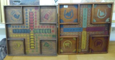 Two painted wooden Parcheesi boards, decorated with equestrian motifs  largest 21.25"sq