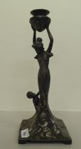 An Art Nouveau pewter lamp base, fashioned as a woman holding a vase  14"h