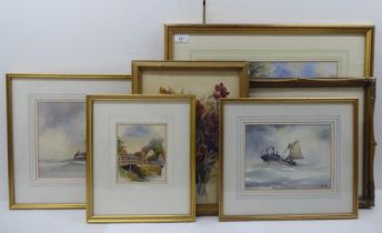 Six framed watercolours: to include two works by Peter Toms - seascapes  bearing signatures  8" x