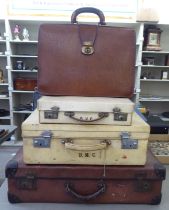 Four items of 20thC luggage: to include a brown hide doctor's style bag
