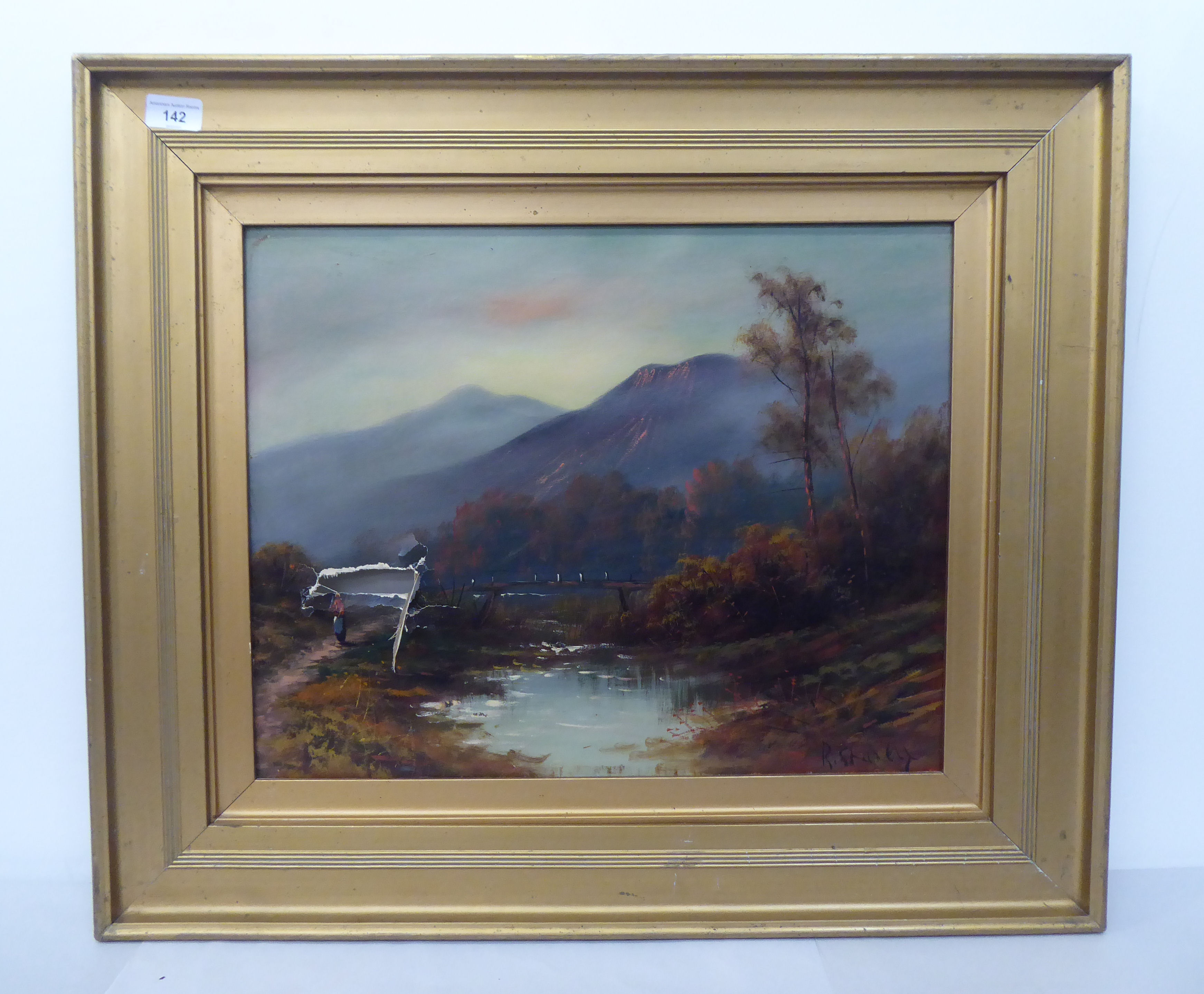 R Starkey - a highland lake scene  oil on canvas  bears a signature  16.5" x 19"  framed