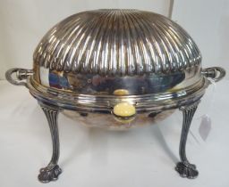 A late Victorian silver plated breakfast dish with a ribbed, domed lid, on splayed legs  9"h  14"w