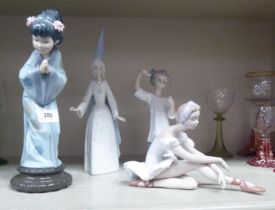 Four items of Lladro: to include a Geisha  9"h; and a seated ballerina  4"h