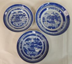 Three mid 19thC Chinese porcelain plates, each decorated with a landscape  8" & 9.5"dia
