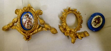 Two late 19thC French gilt metal furniture/clock mounts, set with hand painted porcelain tiles
