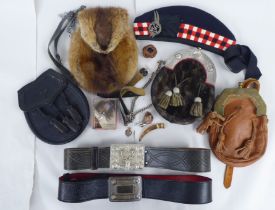 Scottish collectables: to include four assorted sporrans, belts and a black velvet jacket