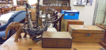 Wooden collectables: to include a scratch built model ship, on stand  18"h; and an early 20thC brass