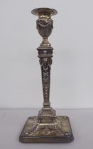 An Edwardian loaded silver neo-classical, squared outlined candlestick with a detachable sconce