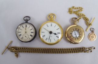 Items of personal ornament: to include a gold plated half hunter pocket watch, faced by a Roman dial