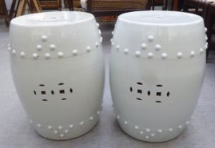 A pair of mid 20thC Chinese porcelain barrel design garden seats  17"h