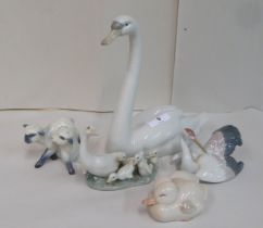 Lladro and Royal Copenhagen porcelain animals and birds: to include a swan  9"h