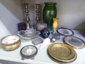 A mixed lot: to include a pair of brass candlesticks  8"h; and a brass plate, decorated with