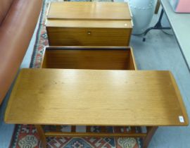 Small furniture: to include a 1970/80s teak coffee table with a slatted undertier, raised on square,