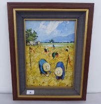 Tone - figures working in a field  oil on board  bears a signature  9.5" x 13.5"  framed