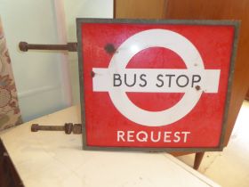 A double sided, enamelled sign  'Bus Stop Request' white-on-red  17" x 15"