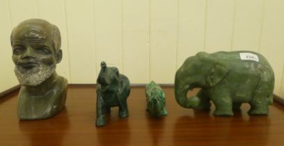 Four modern hardstone ornaments: to include an elephant  5"h