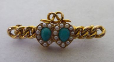A late Victorian yellow metal turquoise and pearl set, twin interlocking heart design bar brooch