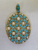 A mid Victorian yellow metal, hinged locket, set with diamonds, pearls and turquoise stones