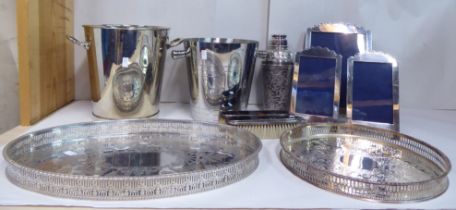 Silver plated and EPNS items: to include a cocktail shaker  8"h; ice buckets  8.25"h; and a pair