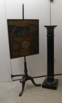 A mid 19thC embroidered polescreen, the square panel on a mahogany column, raised on a tripod