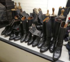 Military, riding and other, black and brown hide boots  various sizes, some with boot lasts