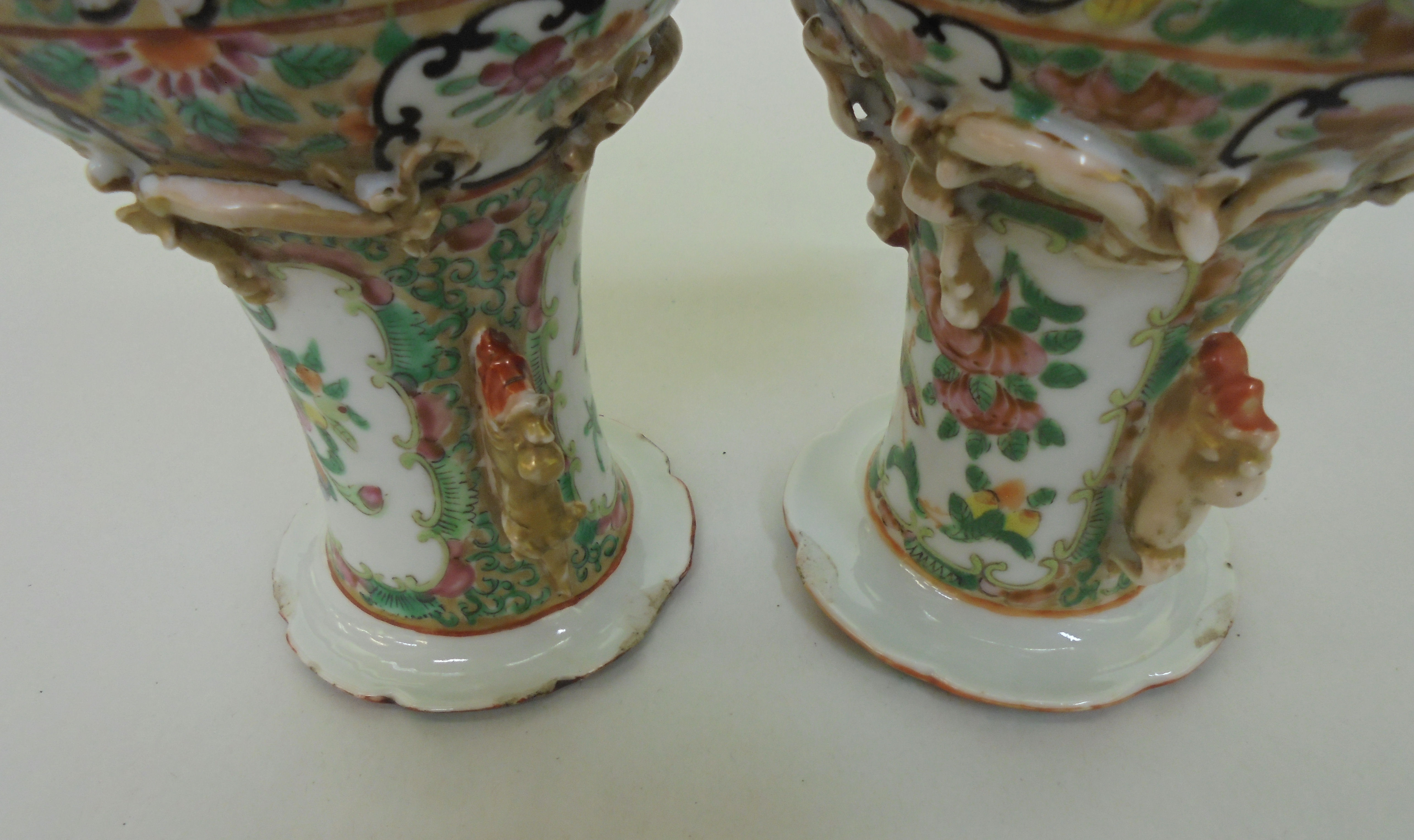 Two similar Chinese Canton Export porcelain vases with overlaid ornament, decorated in panels with - Image 9 of 9