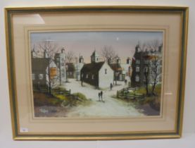 Ron Folland - a French village  mixed media  bears a signature  15" x 23"  framed