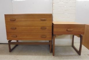 A modern teak three drawer bedside chest  28"h  32"w; and a single drawer bedside table  22"h  20"w