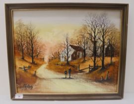 Ron Folland - two figures on a path at dusk  oil on canvas  bears a signature  15" x 19"  framed