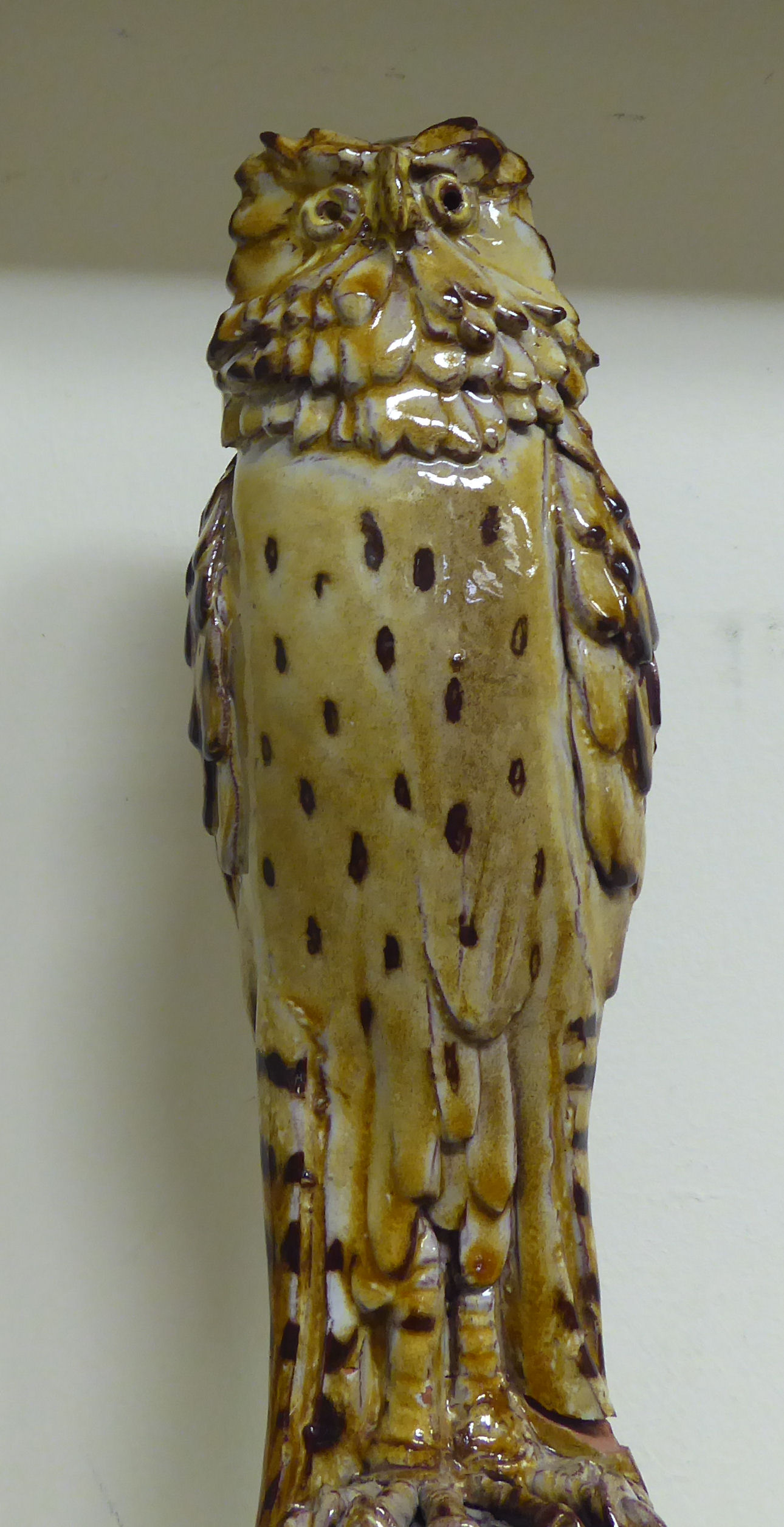 A Chelsea pottery painted and glazed terracotta model, an owl, perched on a socle  bears an - Image 2 of 5