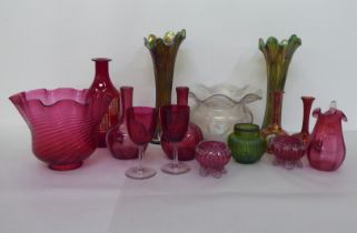 Glassware: to include a cranberry oil lamp shade with a frilled rim  8"dia