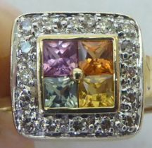 A 9ct gold square form gem stone cluster ring