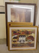 Framed prints: to include two works after Charles Wysocki  period street scenes  16" x 19"