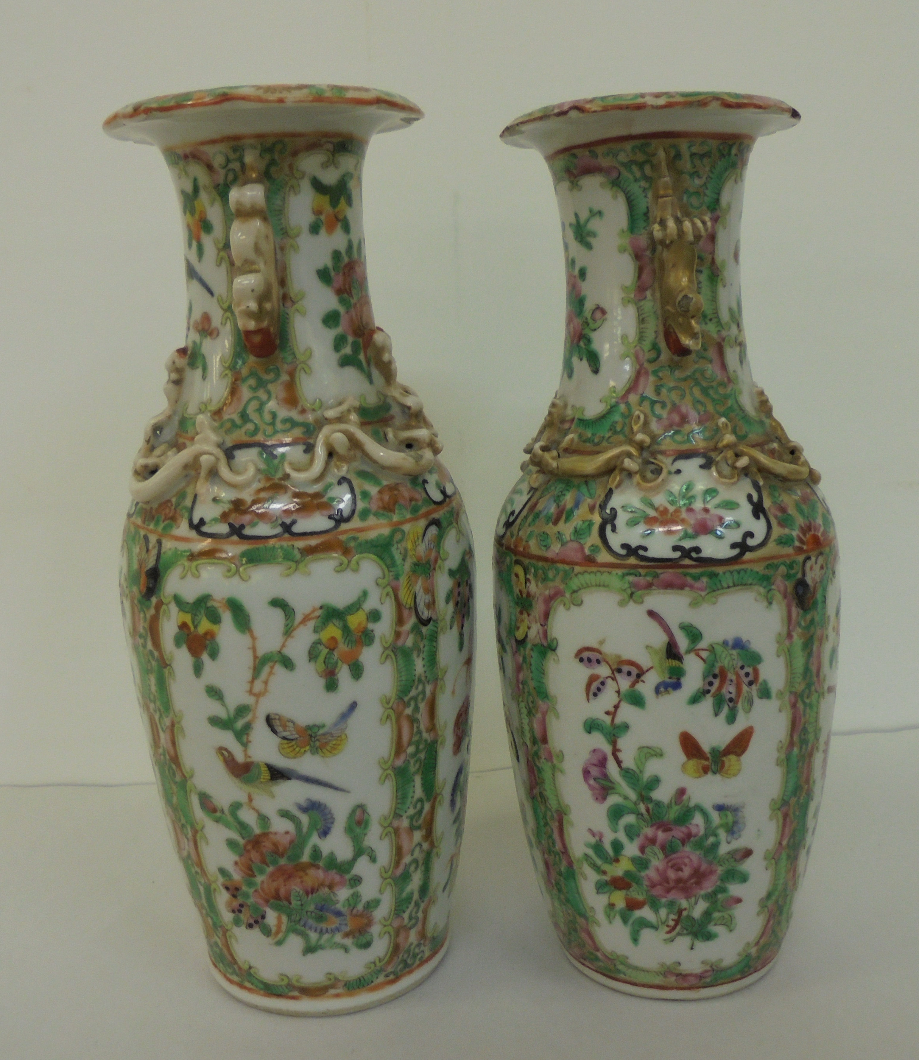 Two similar Chinese Canton Export porcelain vases with overlaid ornament, decorated in panels with - Image 4 of 9