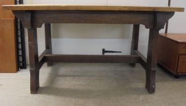 An early 20thC oak refectory table, raised on square legs  29"h  54"L  29"deep (Purportedly the