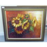 T Pondionn - sunflowers  oil on canvas  bears a signature  19" x 23"  framed